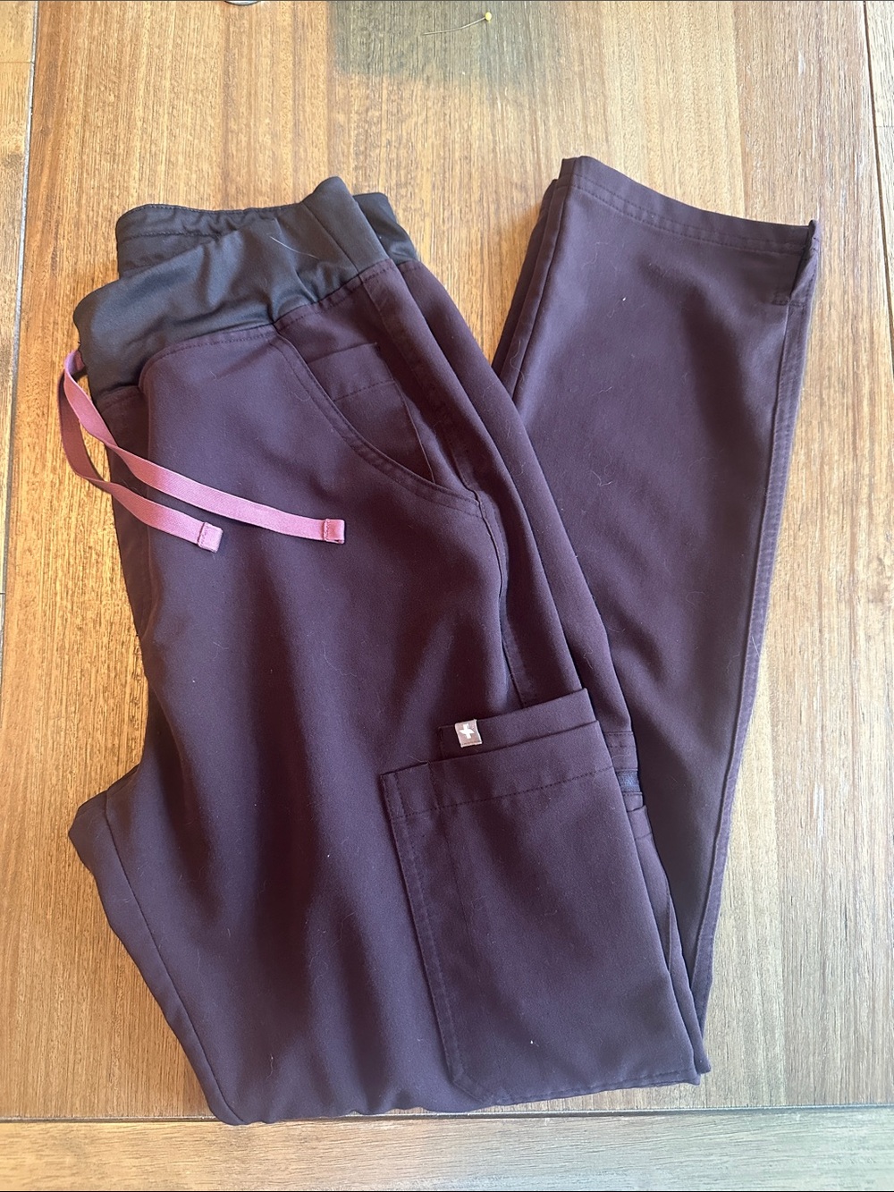 FIGS High Waisted Yola Espresso Scrub Pants with Pinkish Drawstring